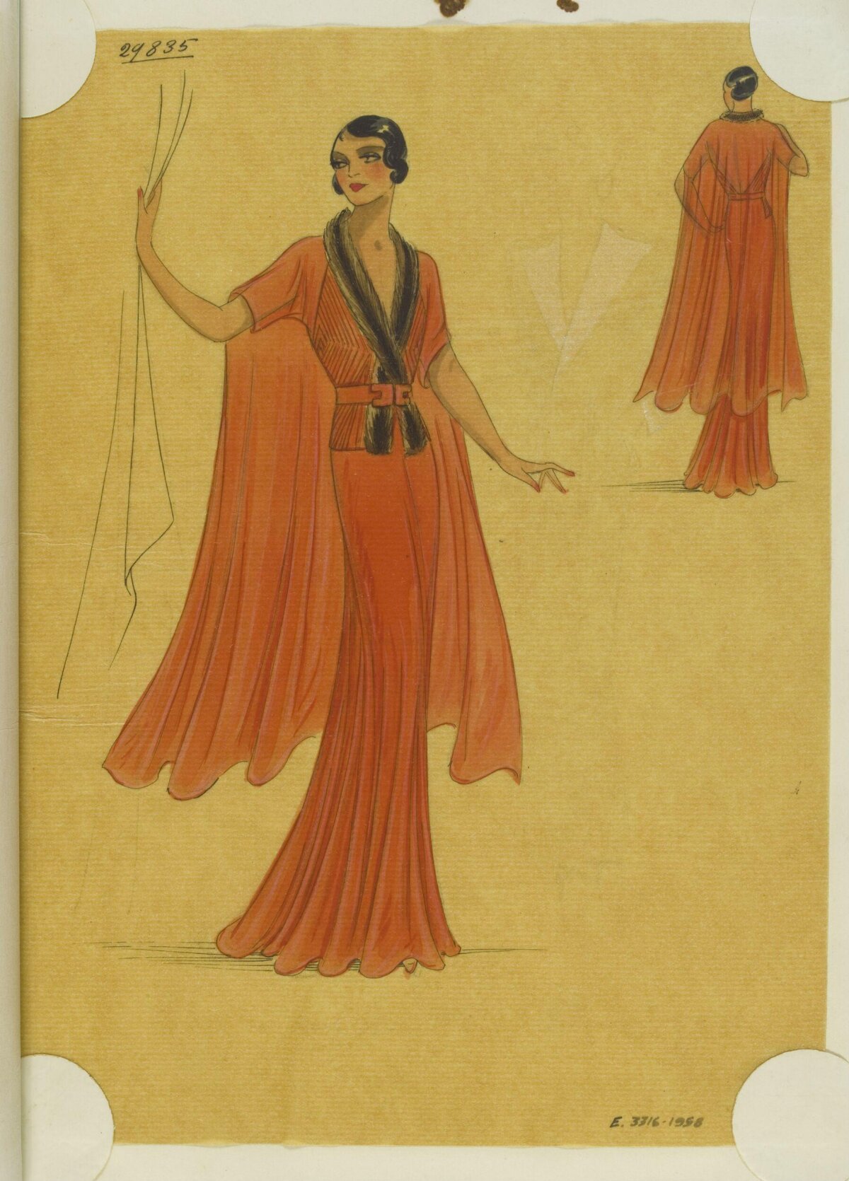 Vintage Orange Evening Gown Fashion Sketch