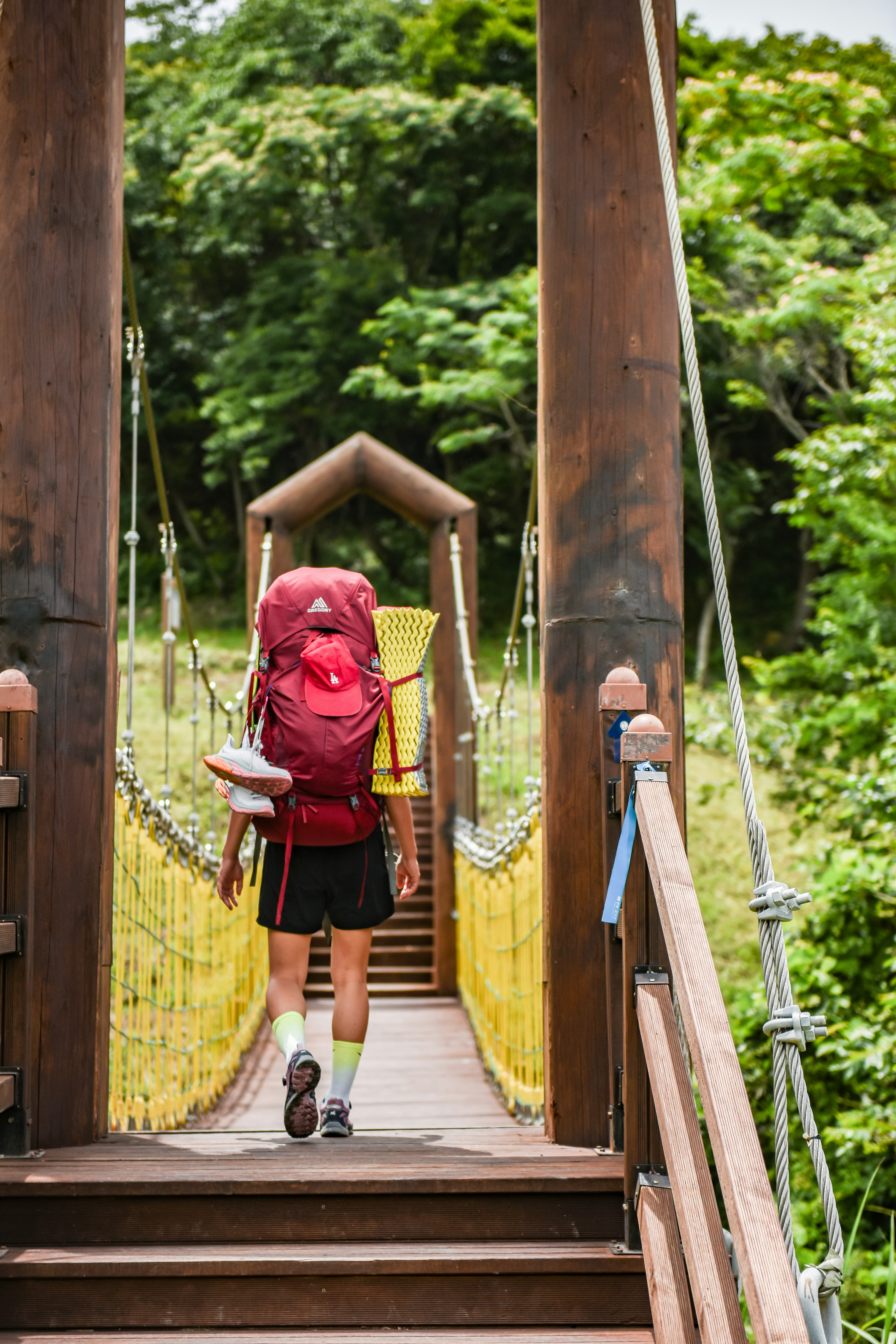 Hiker Crossing Wooden Suspension Bridge