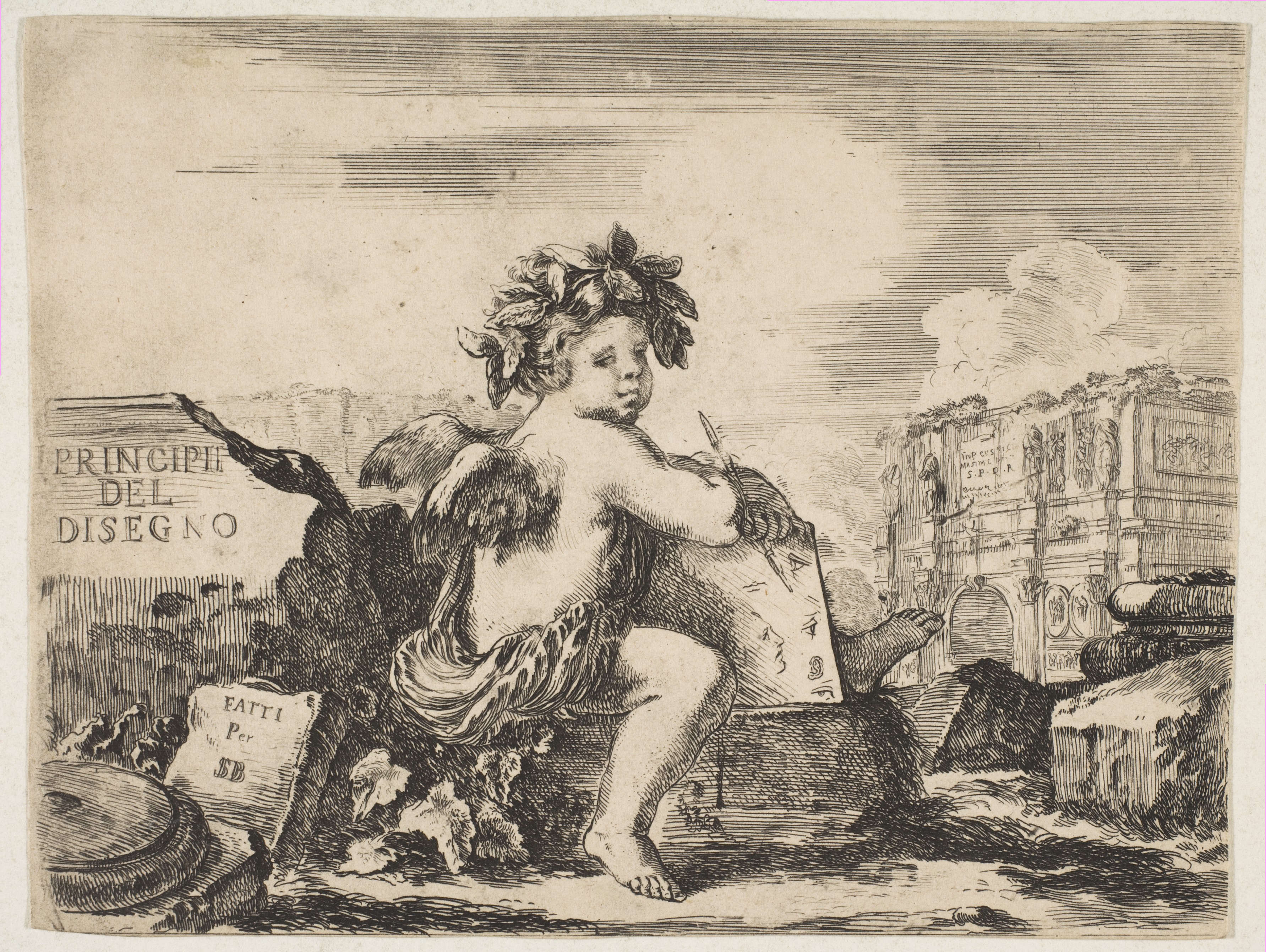Winged Putto Etching with Roman Ruins