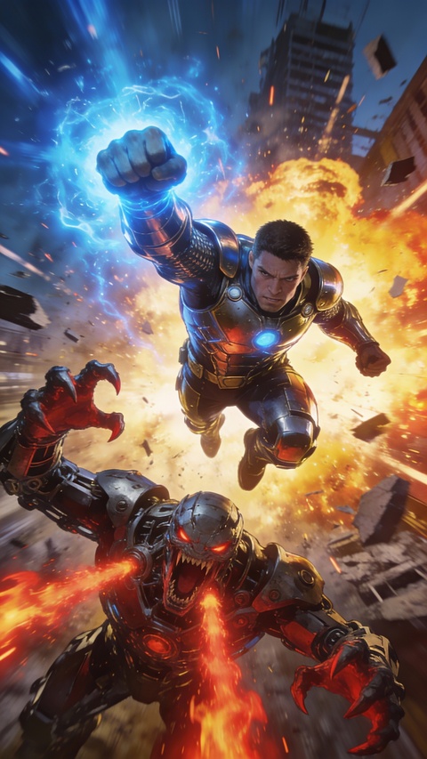 Superhero Battles Mechanical Villain
