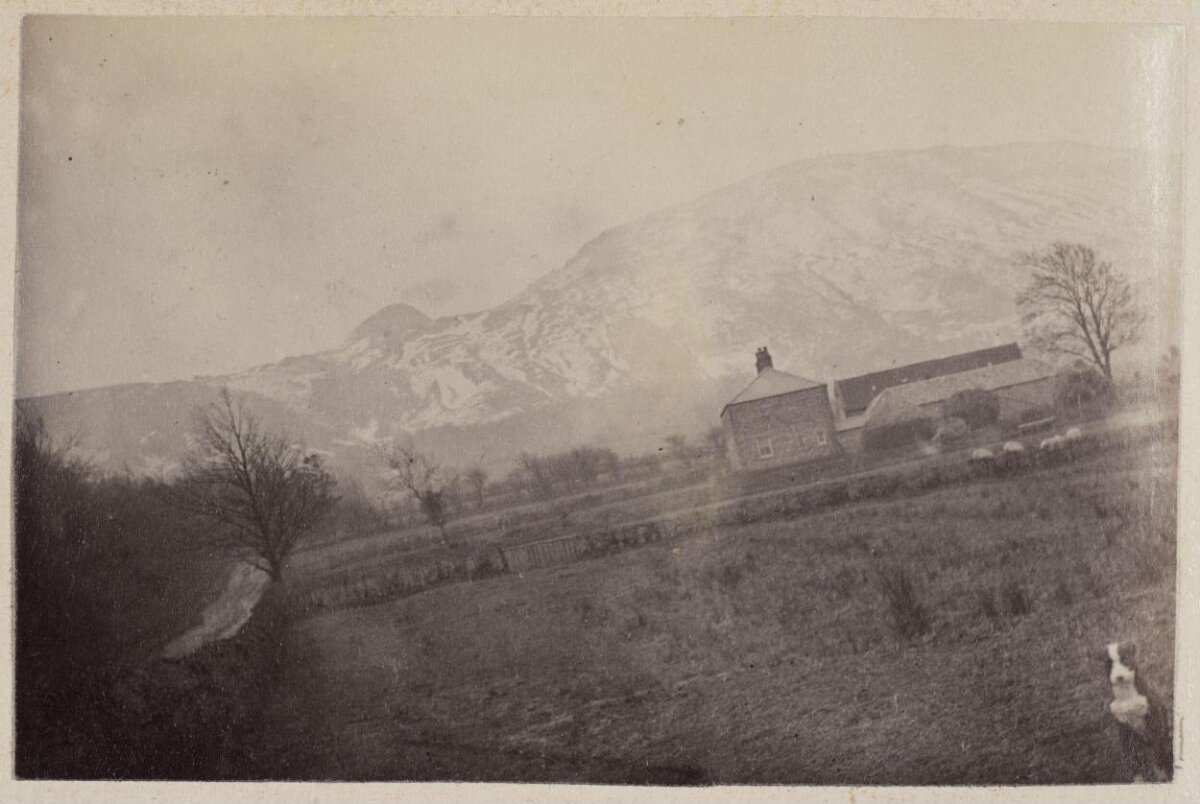Vintage Farm Landscape with Snowy Mountain