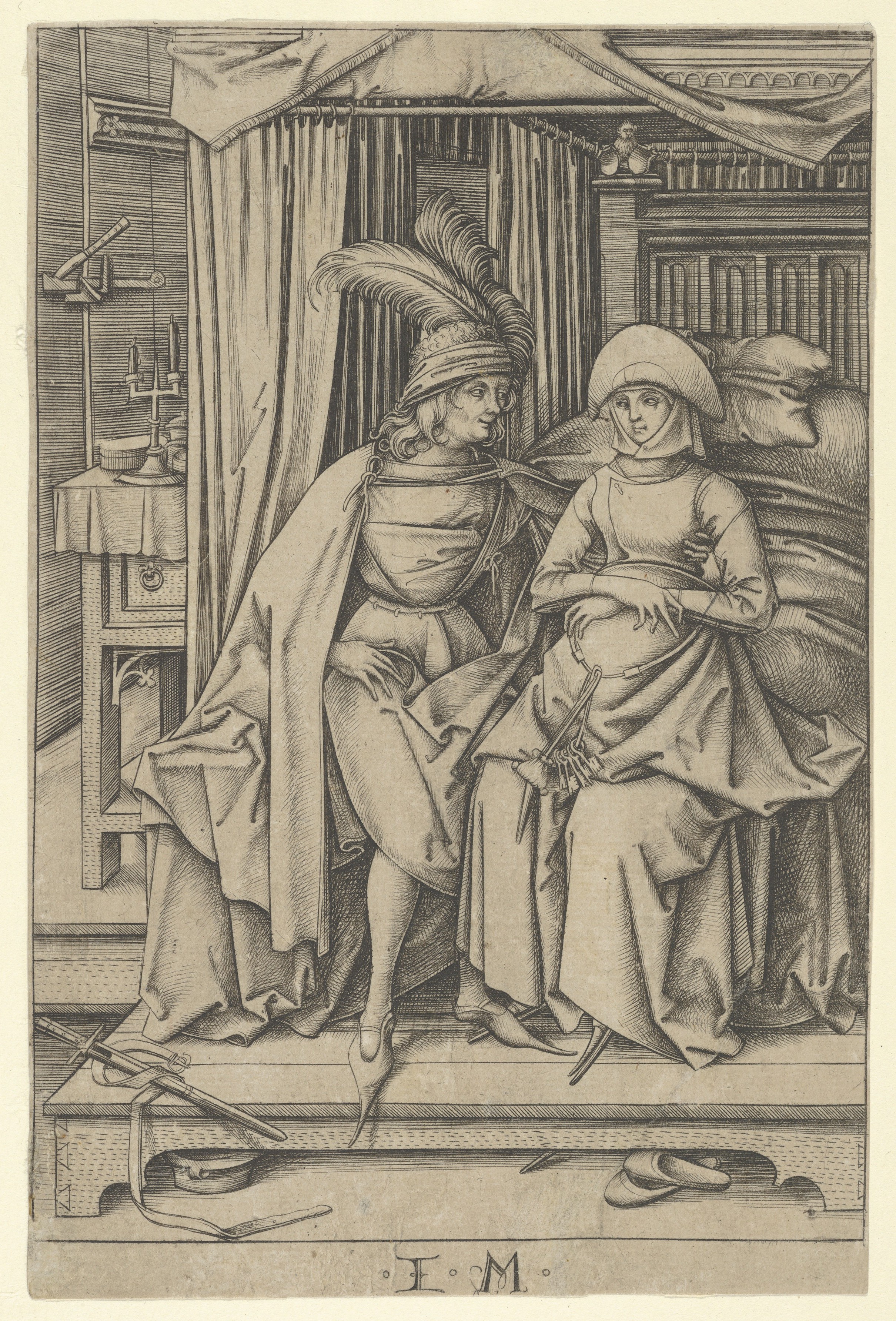 Engraving of Noble Couple in Chamber