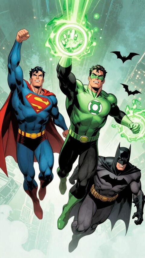 Three DC Superheroes Flying Forward