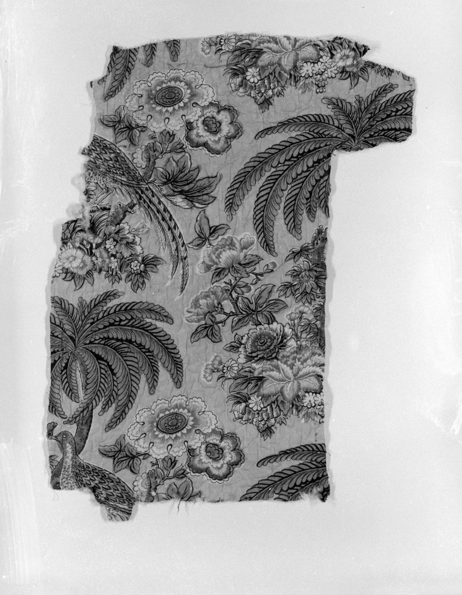 Antique Floral Bird Printed Fabric Fragment