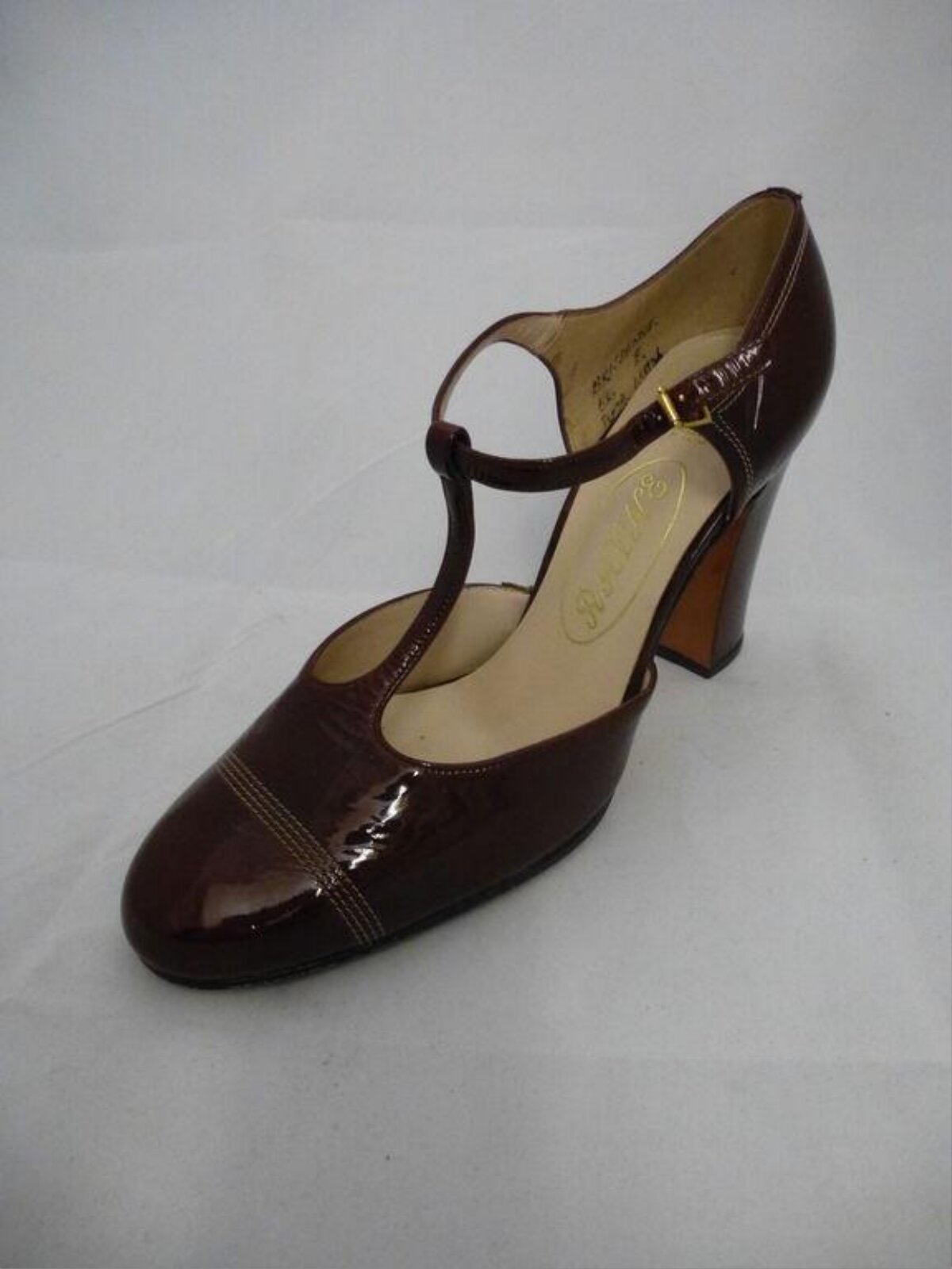 Brown Glossy T-strap High Heel Shoe