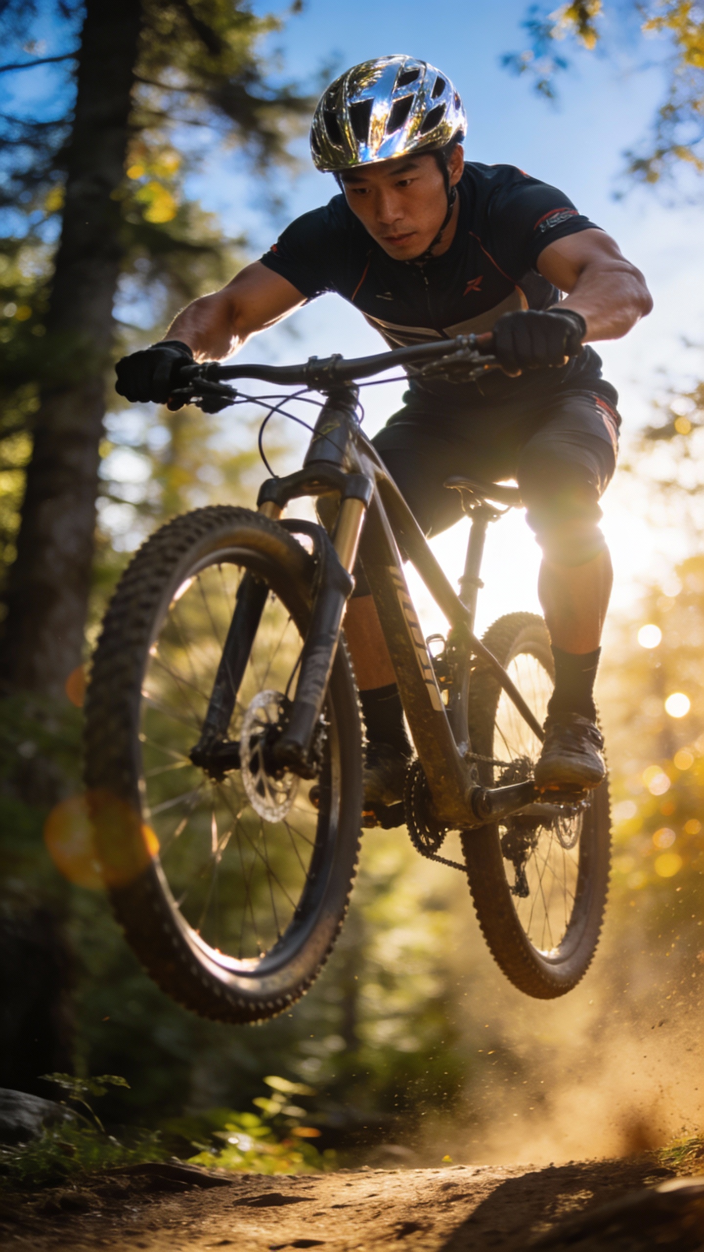 Mountain Biker Mid-Jump on Forest Trail