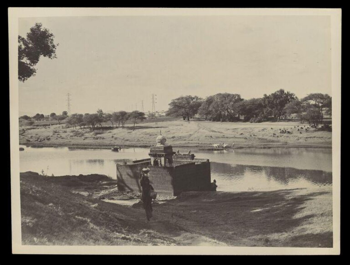 Vintage Riverbank Shrine Landscape