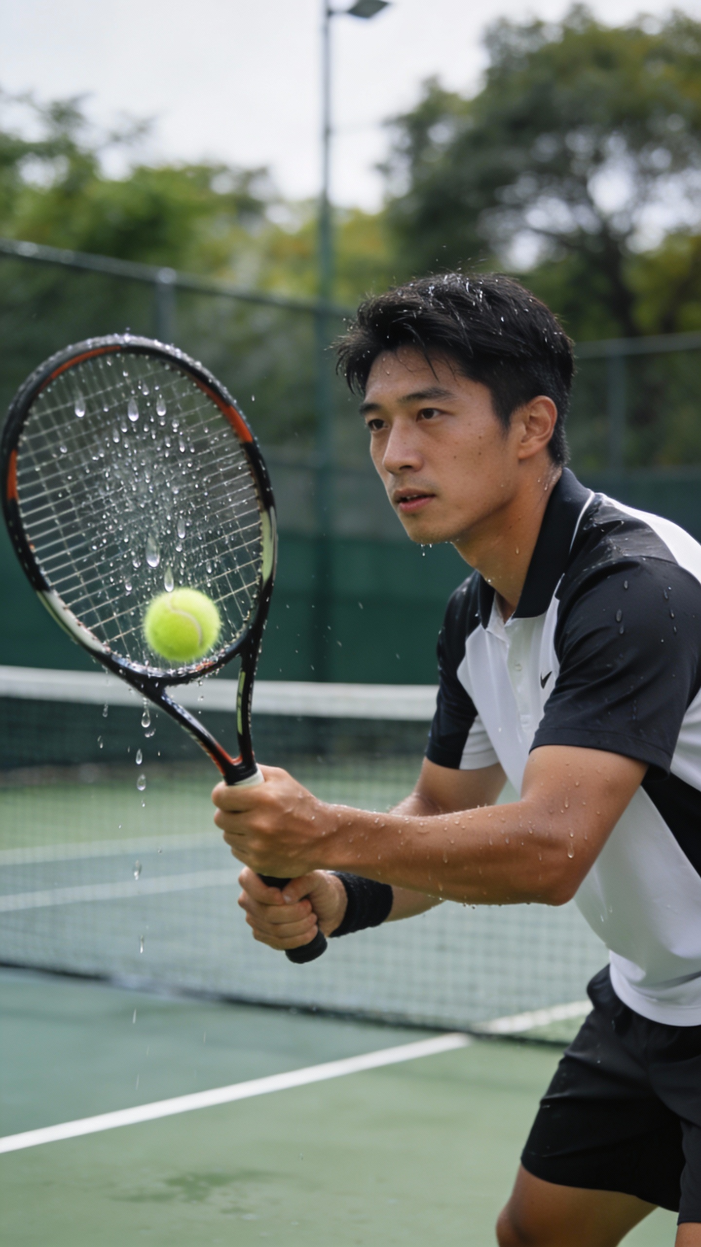 Male Tennis Player Hits Ball On Wet Court