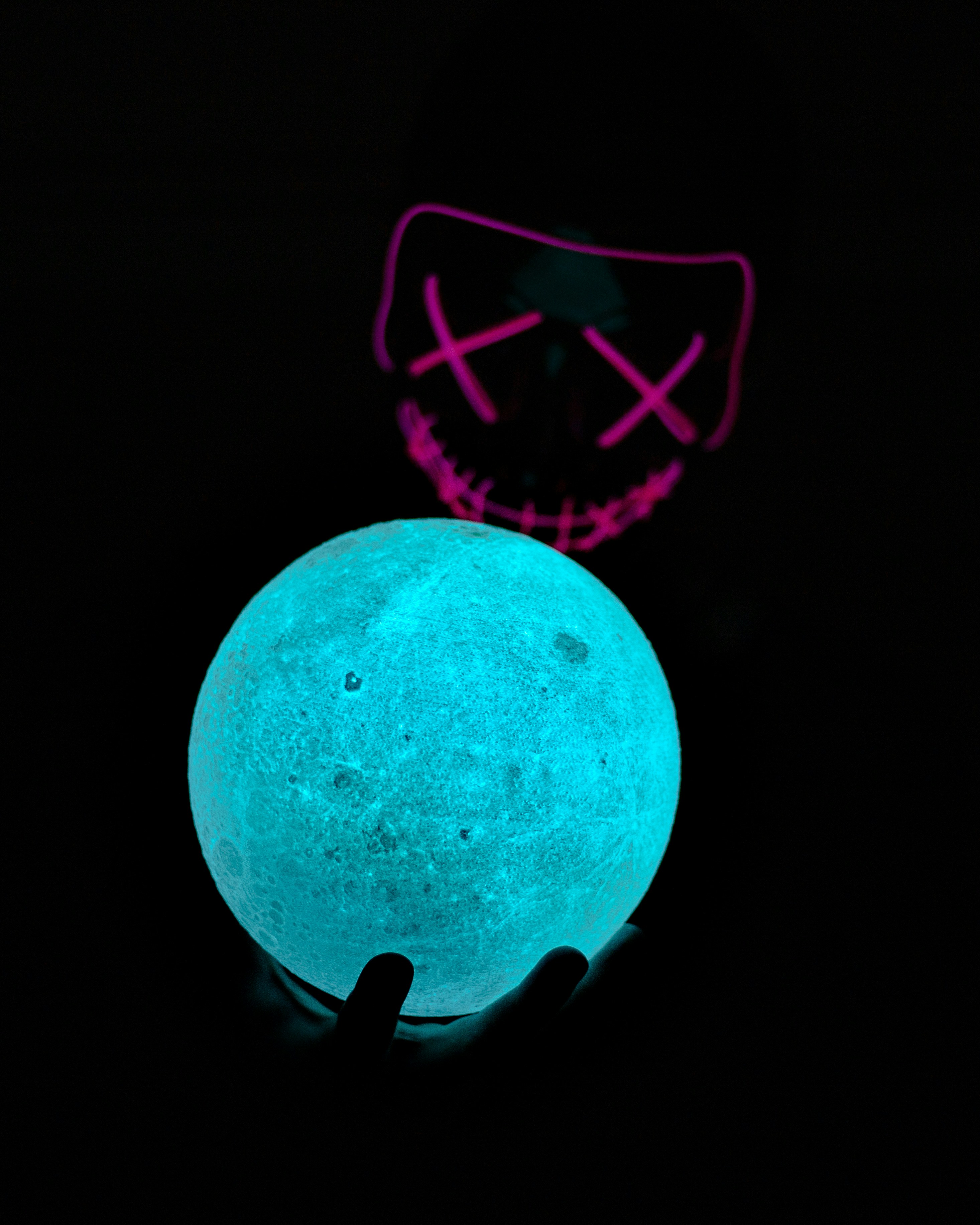 Glowing Moon Lamp and Neon Pink Mask