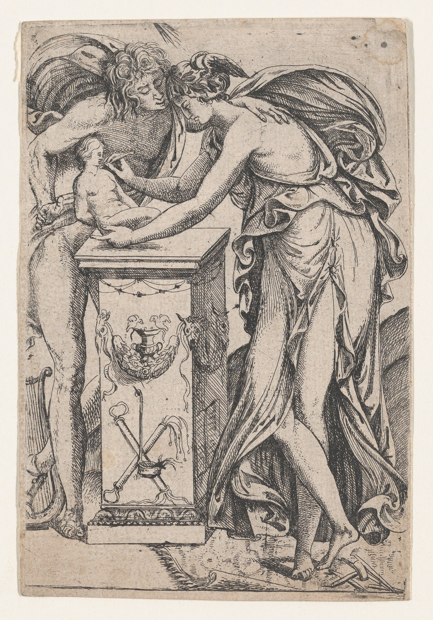 Vintage Etching Figures Sculpting a Statue