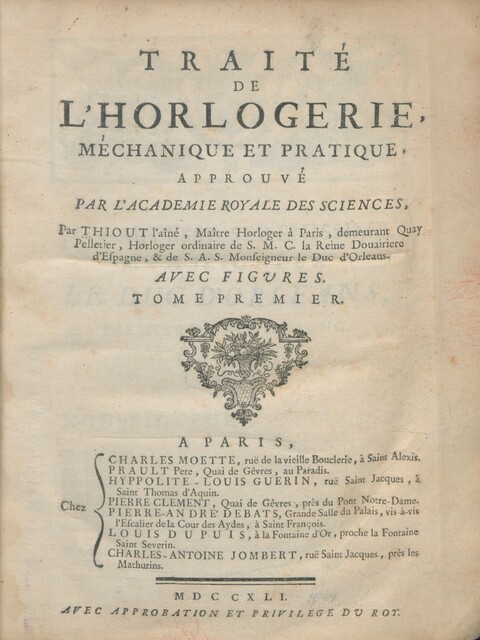 1741 French Clockmaking Treatise Title Page
