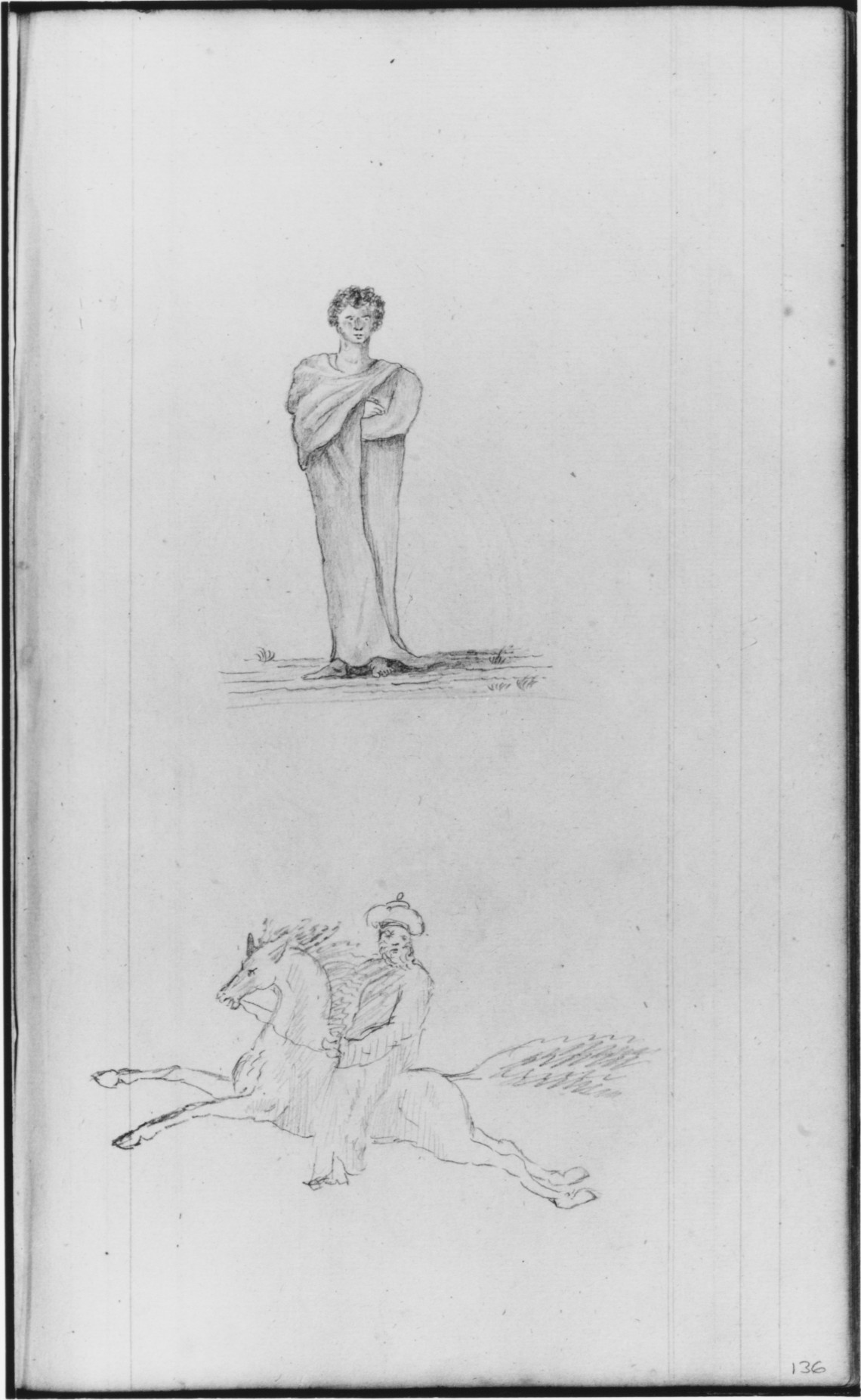 Two Pencil Sketches of Standing Man and Rider