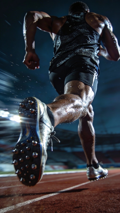 Male Sprinter Running on Night Track