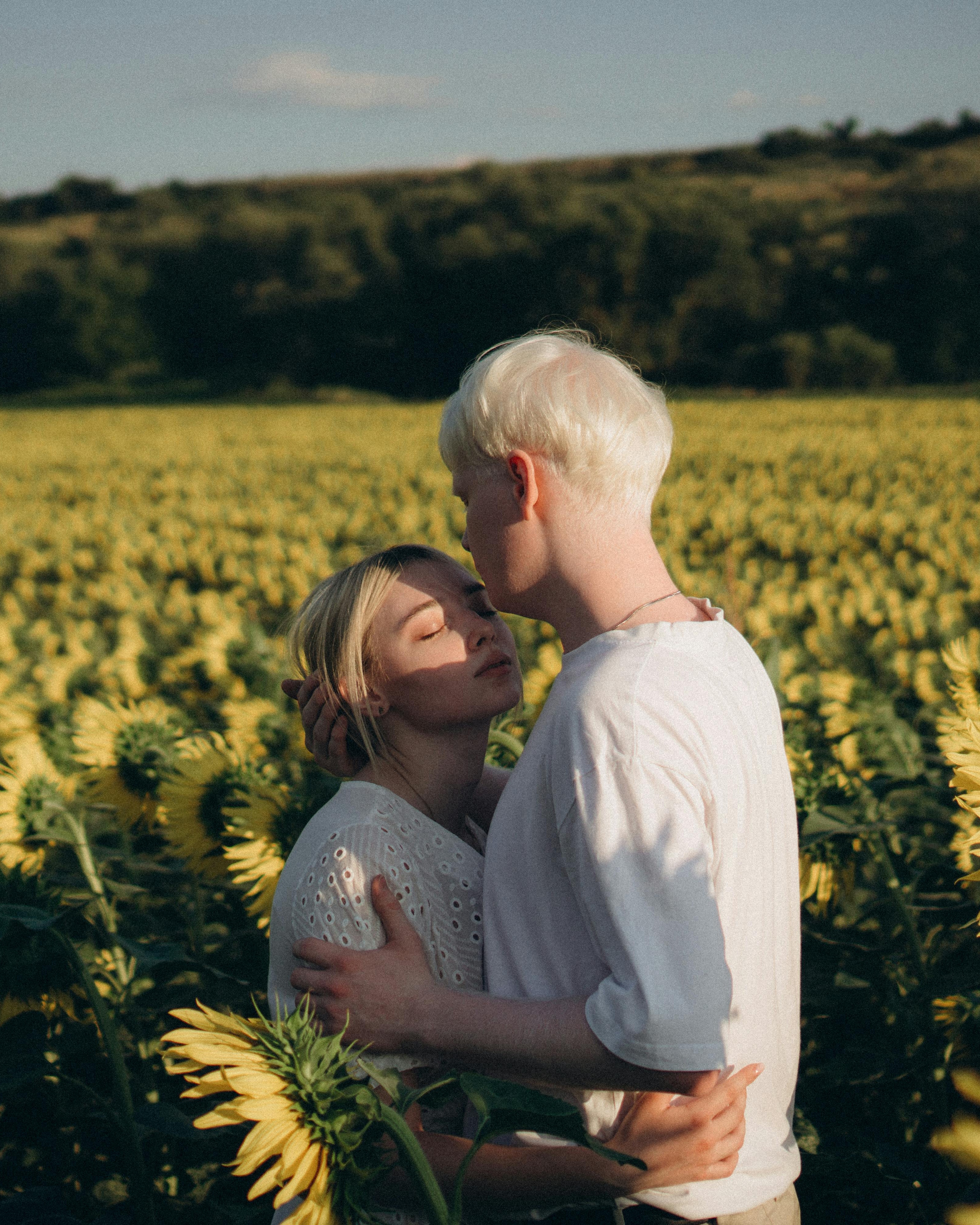 Couple Embracing In Sunflower Field