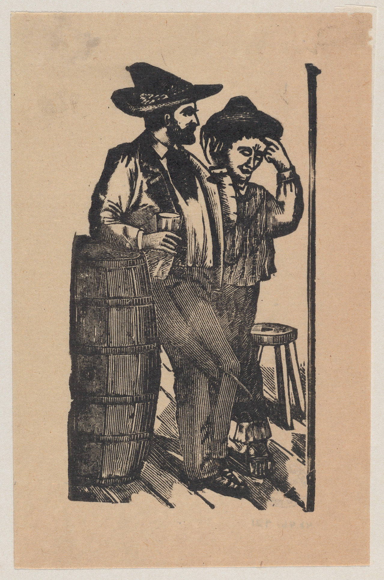 Two Men Leaning on Barrel Engraving