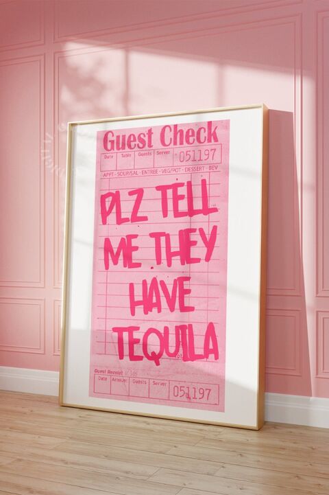 Pink Guest Check Tequila Quote Wall Art