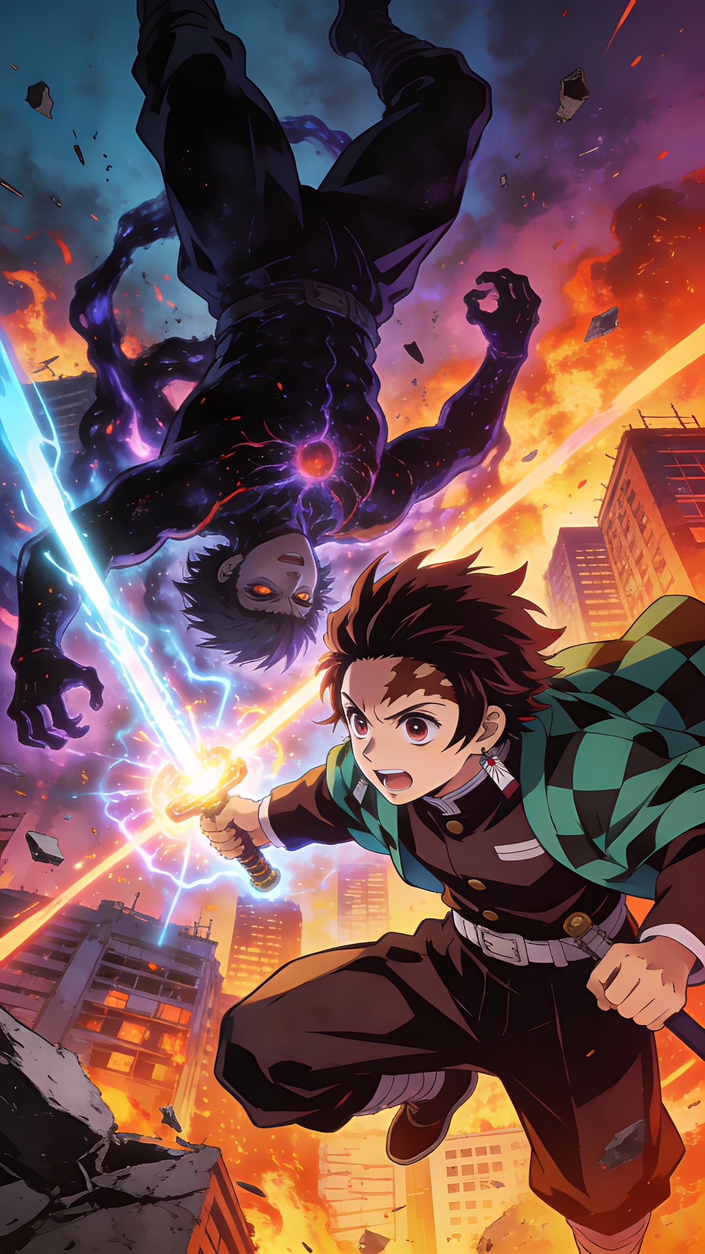 Tanjiro Battling Demon in Burning City