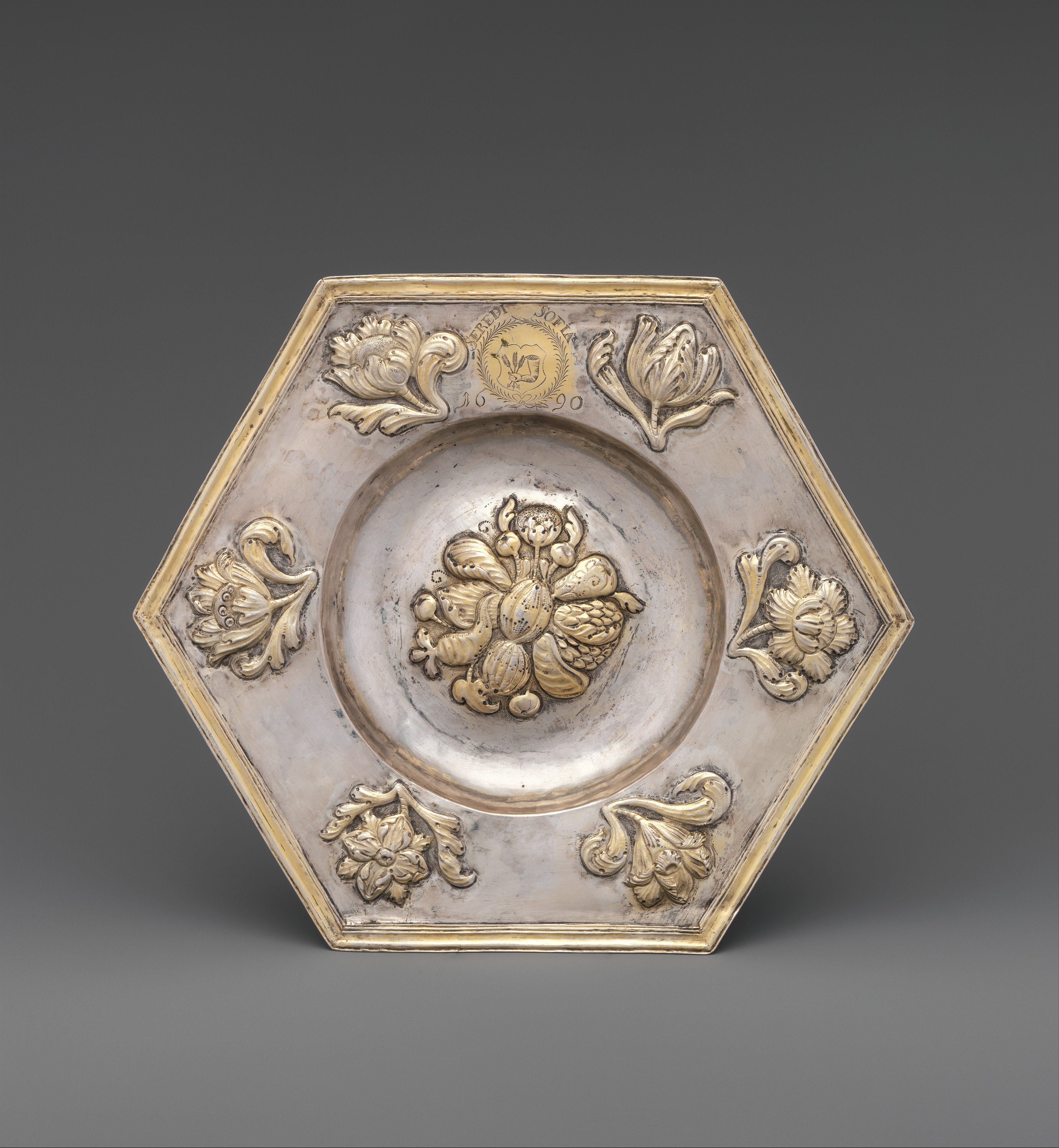 Hexagonal Embossed Silver Gilt Dish