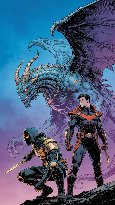Two Heroes and a Large Blue Dragon