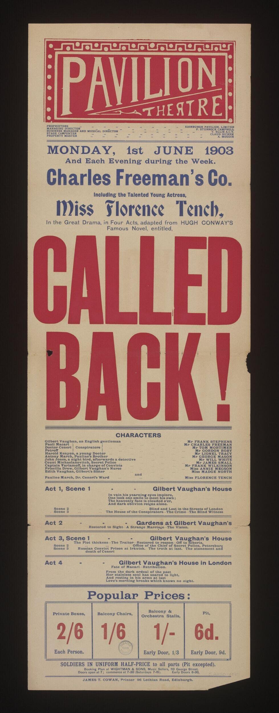 1903 Called Back Theatre Play Poster