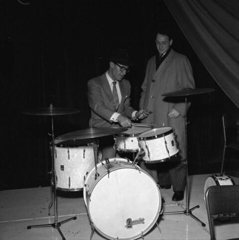 Two Men With Vintage Drum Kit