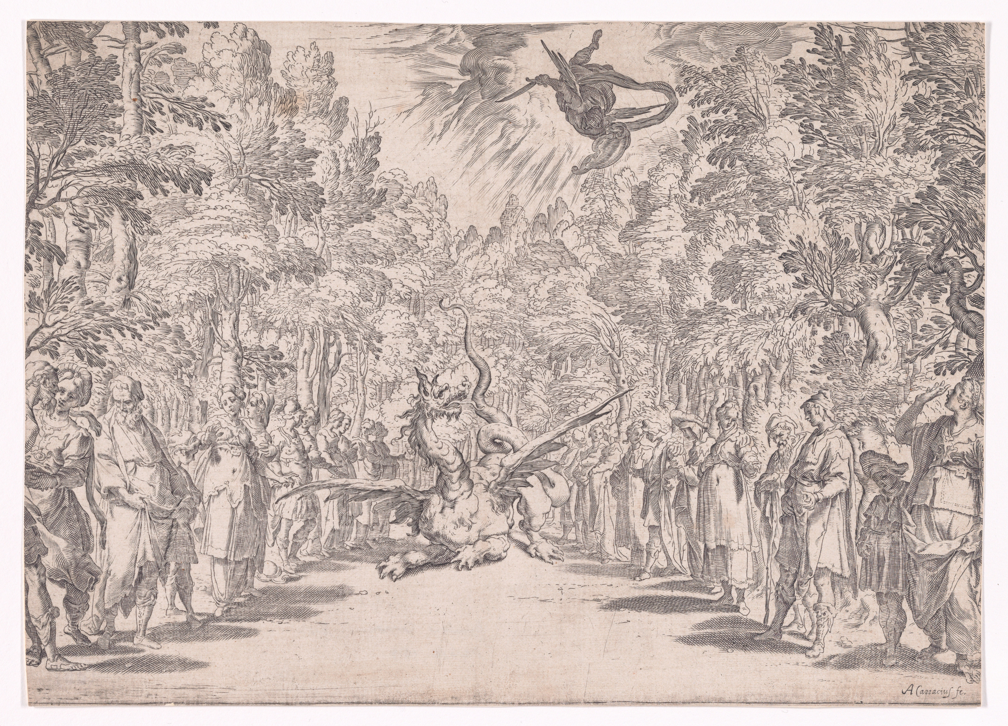 Angel Battling Dragon Antique Etching