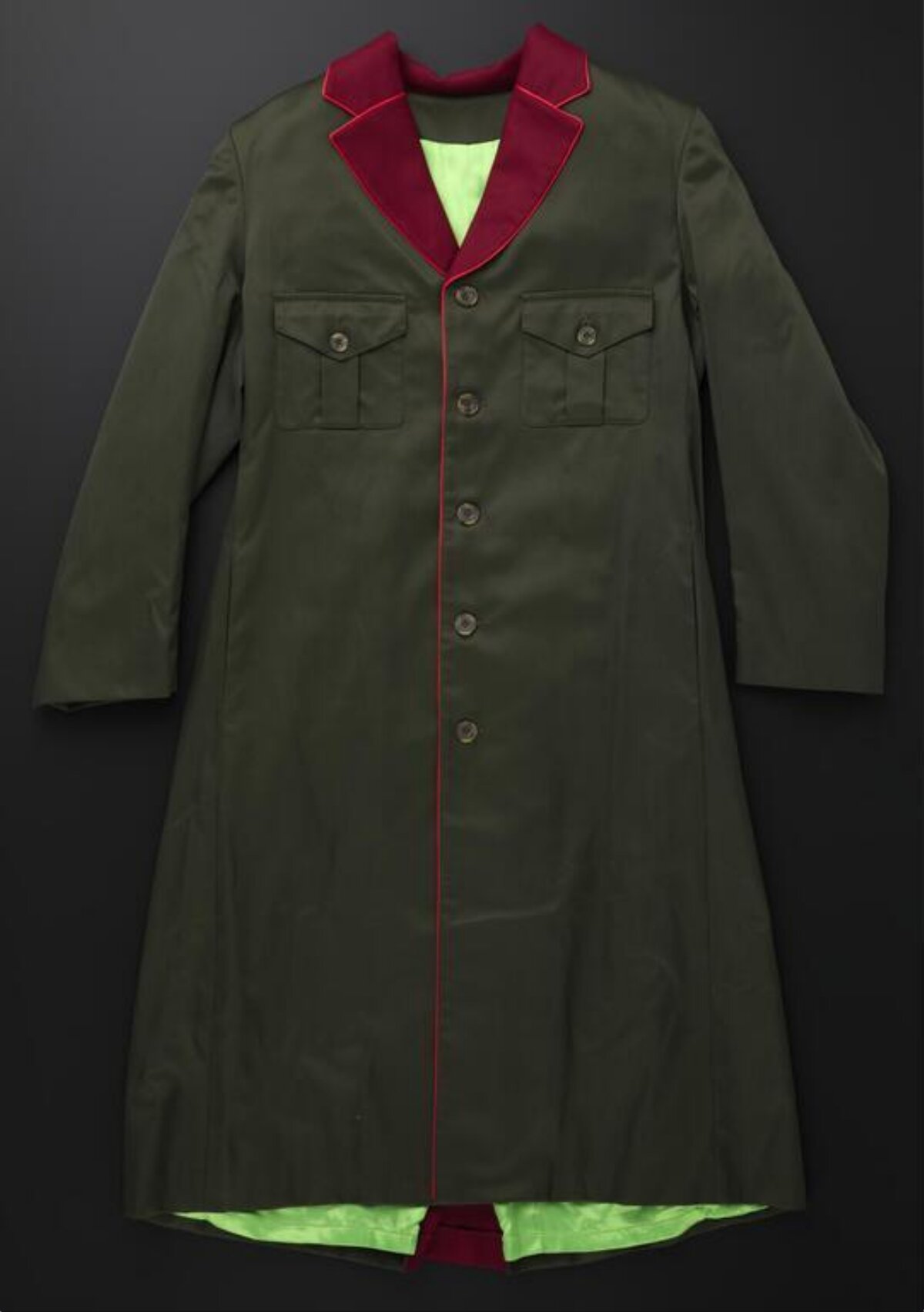 Olive Green Contrast Collar Long Overcoat