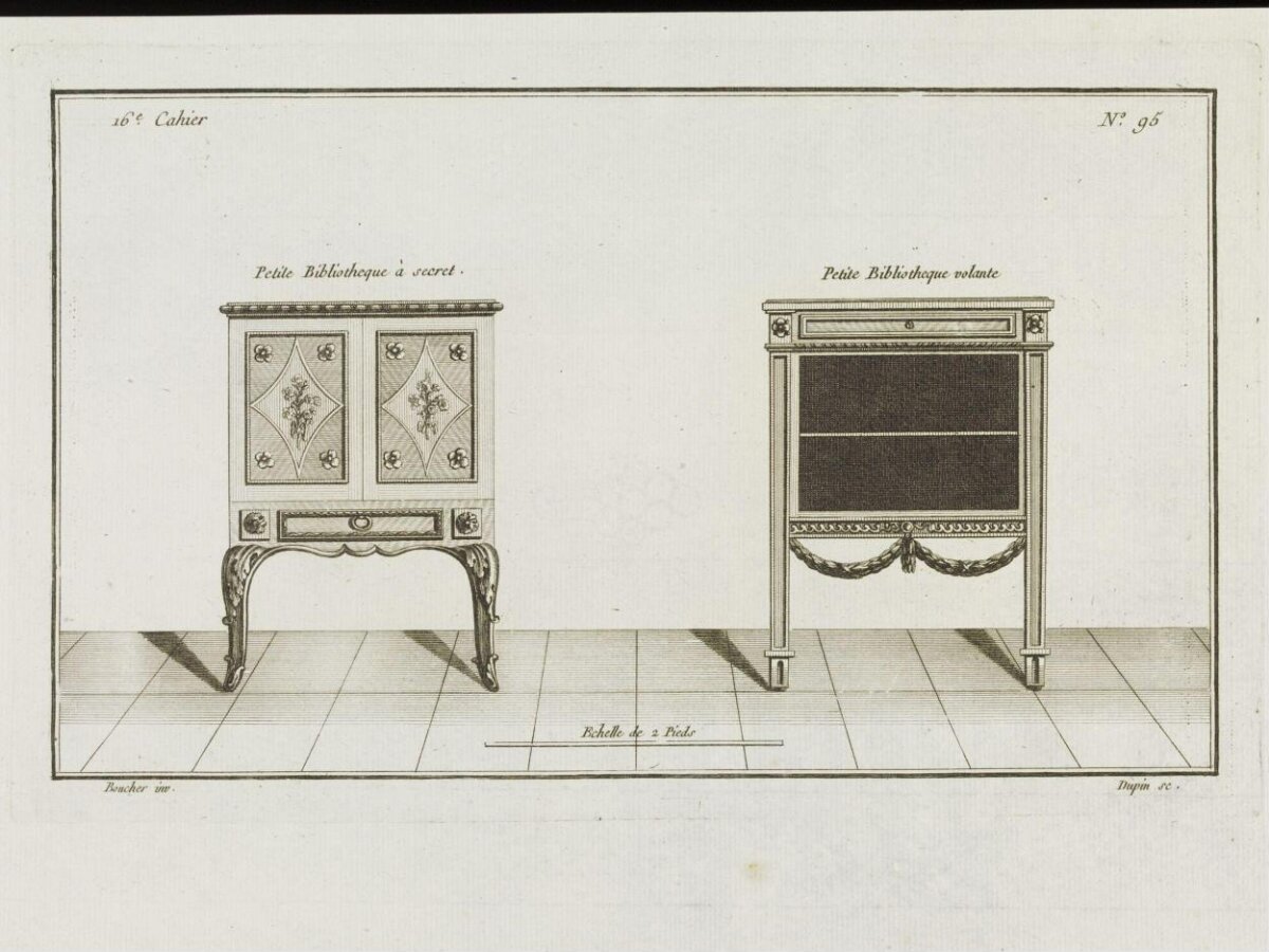 Two Antique Small Bookcase Design Engravings