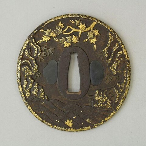 Gold Inlaid Maple Pattern Iron Tsuba