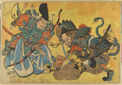 Ukiyo-e Two Warriors Fighting Tiger