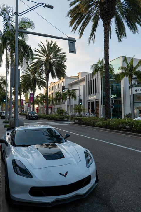 White Corvette on Beverly Hills Shopping Street