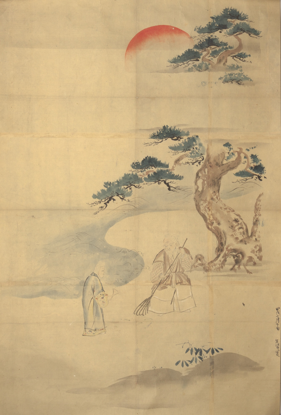 Two Elders Under Pine with Red Sun