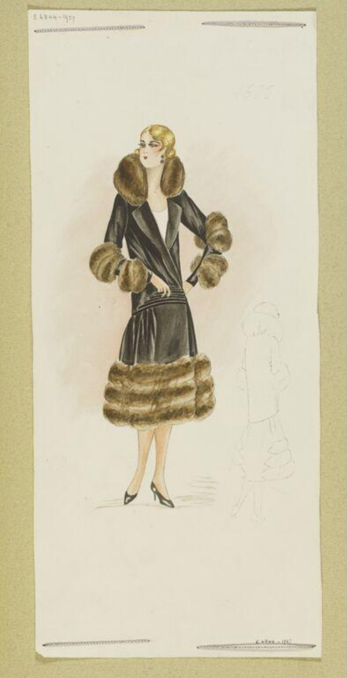 1920s Fur Trimmed Coat Fashion Sketch