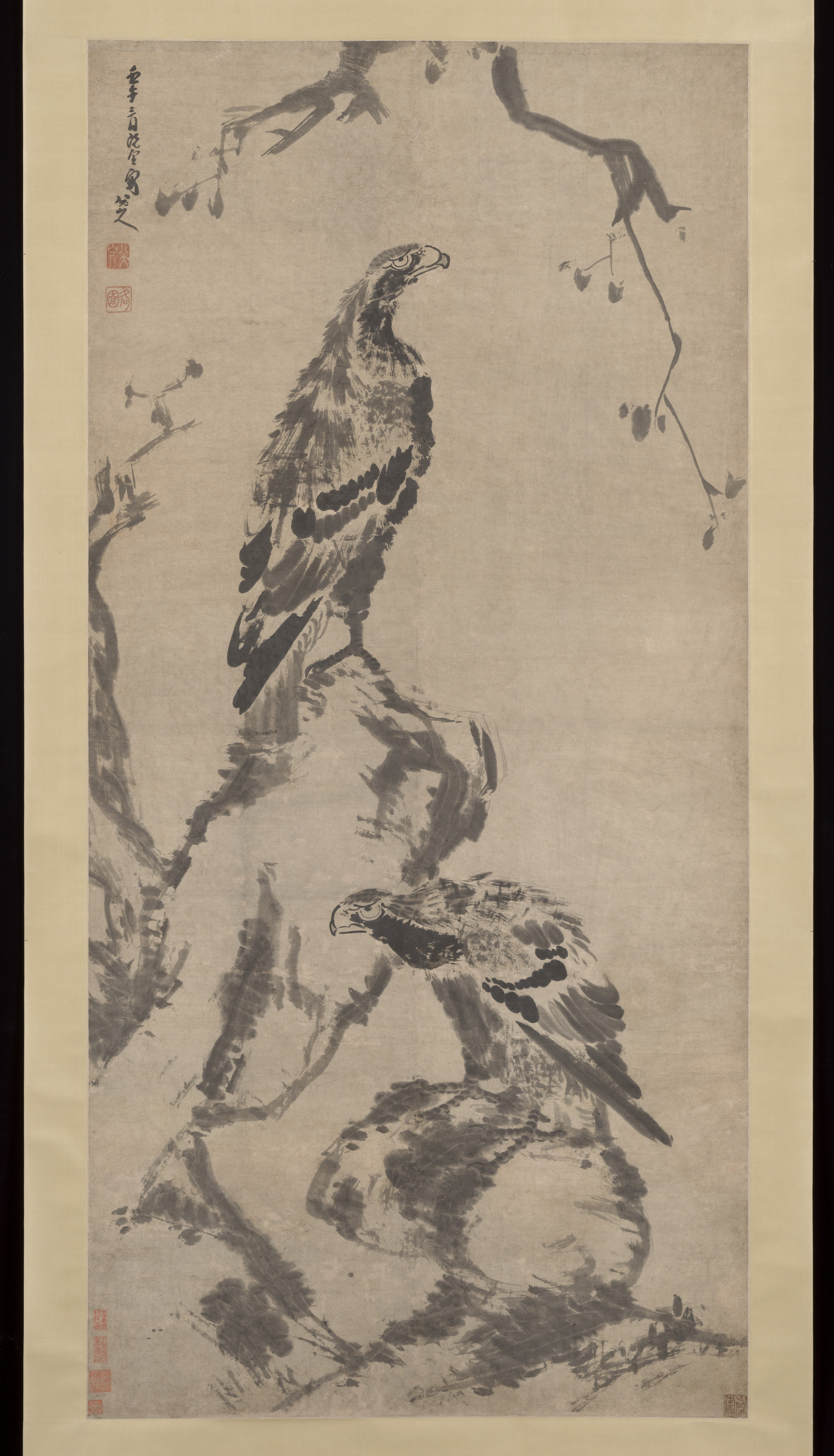 Ink Painting of Two Eagles on Rocks
