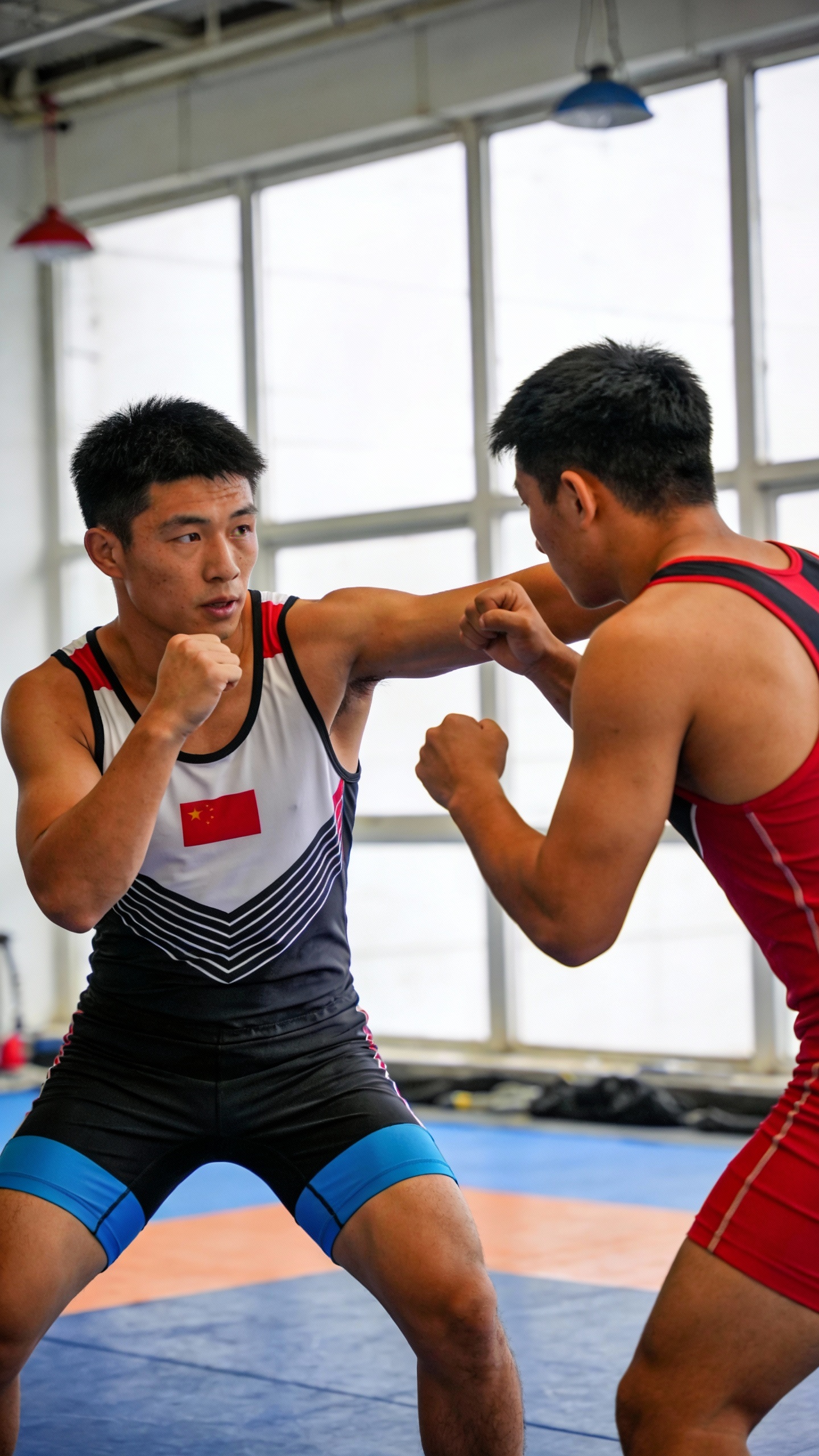 Two Wrestlers Sparring In Training Gym