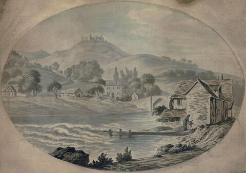 Riverside Watermill Landscape with Castle Ruin