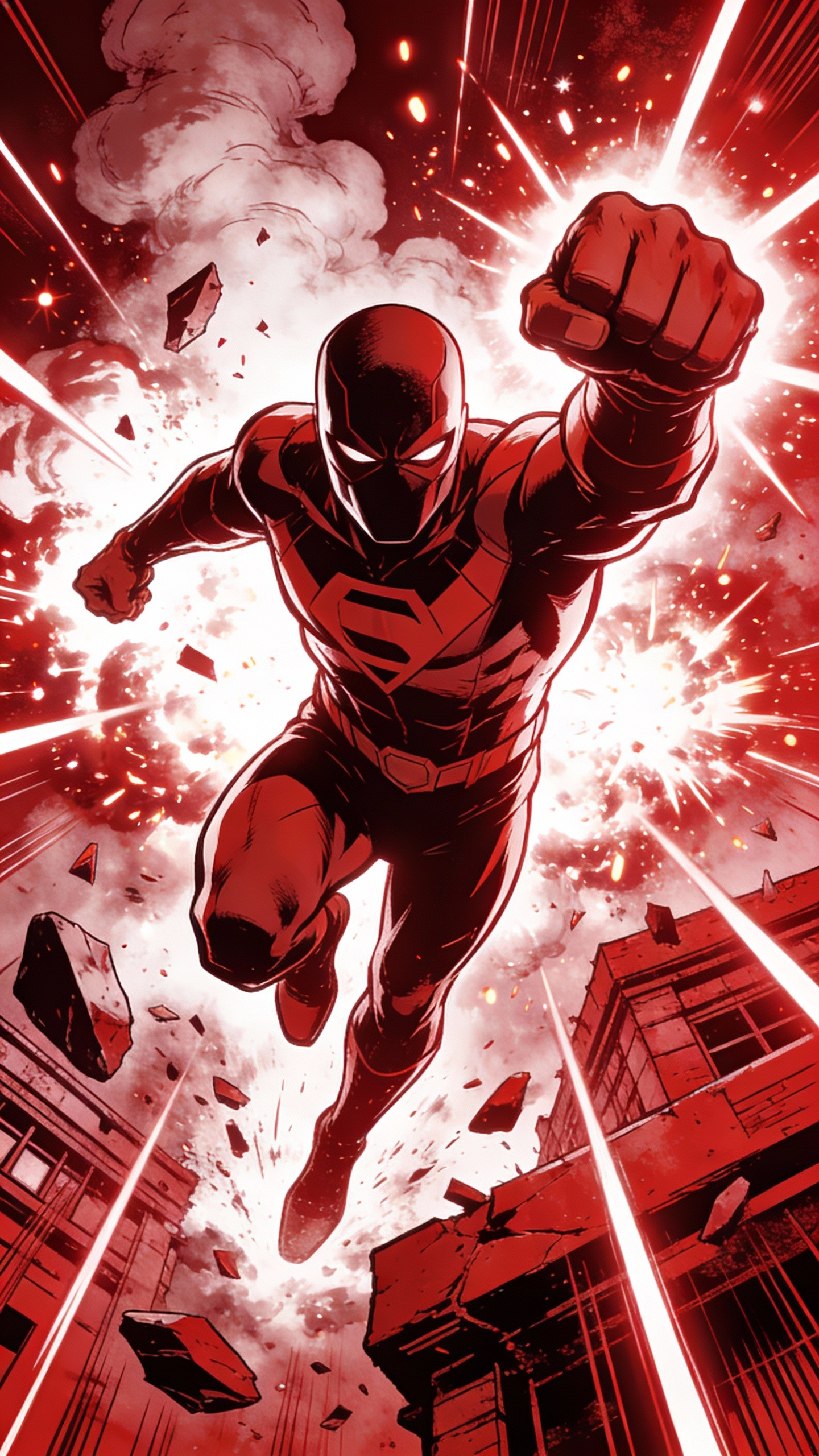 Superman Charging Through Explosive Ruins