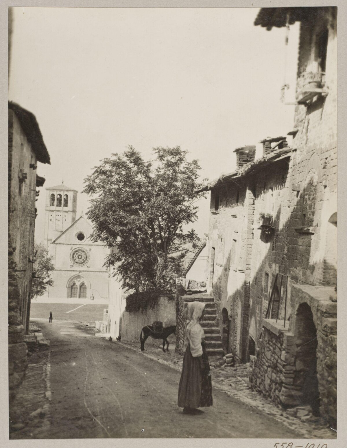 Vintage Village Street with Distant Cathedral