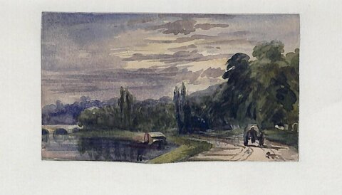 Watercolor Riverside Landscape with Carriage