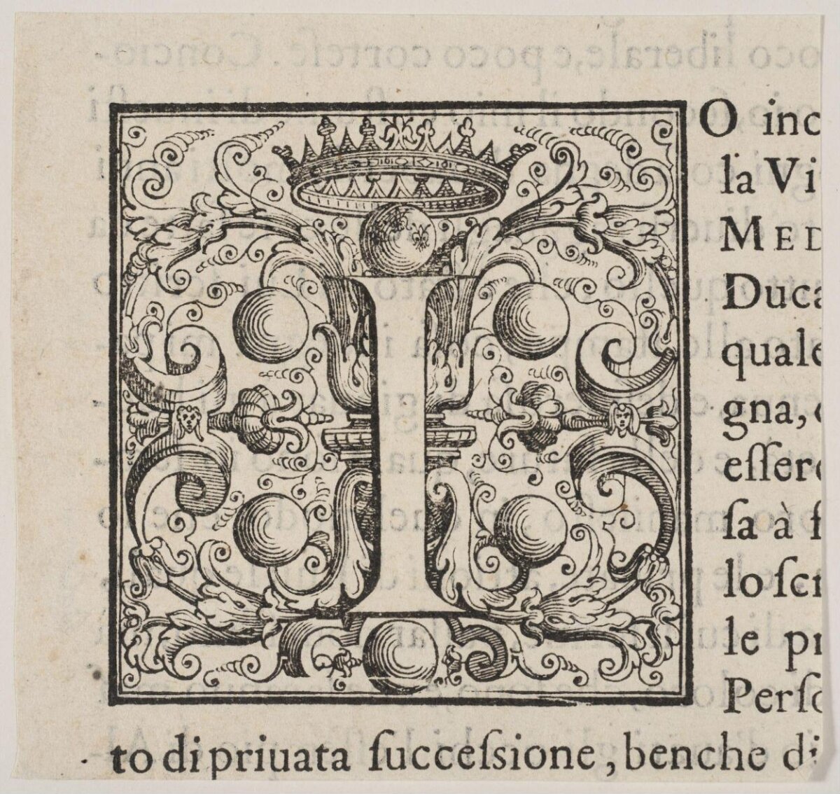 Decorated Woodcut Initial with Medici Symbols