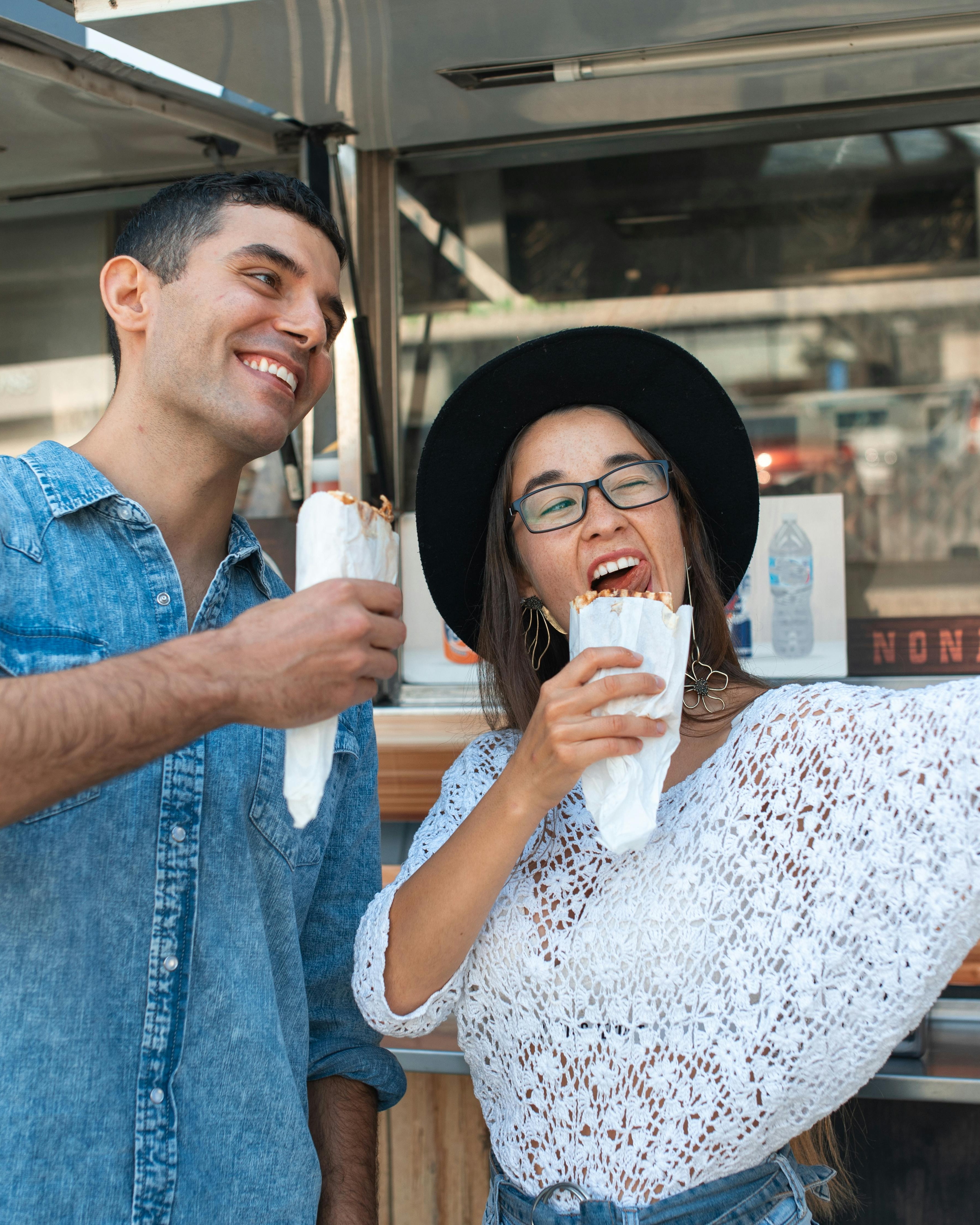 Two People Eating At Food Truck — Funny
