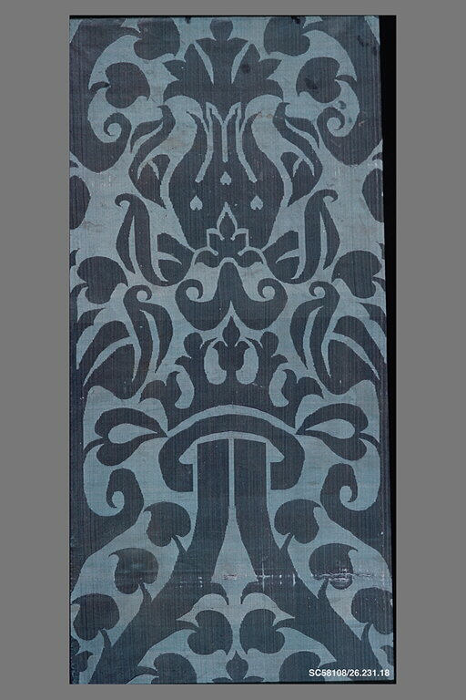 Dark Blue Damask Patterned Textile Fragment