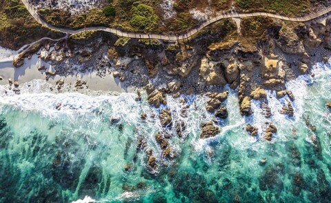 Aerial View of Rocky Coastal Boardwalk
