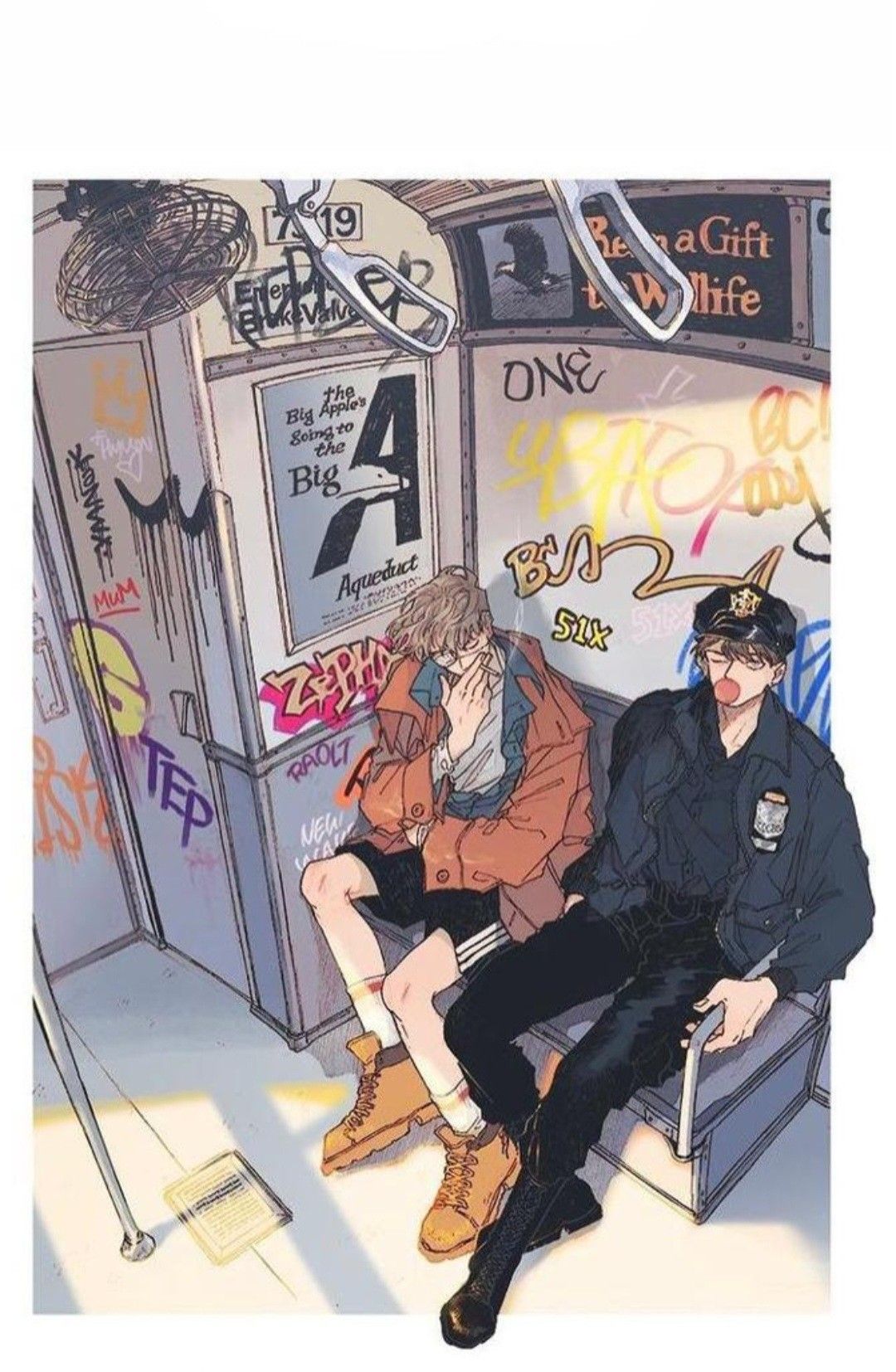 Two Men in a Graffiti Subway Car