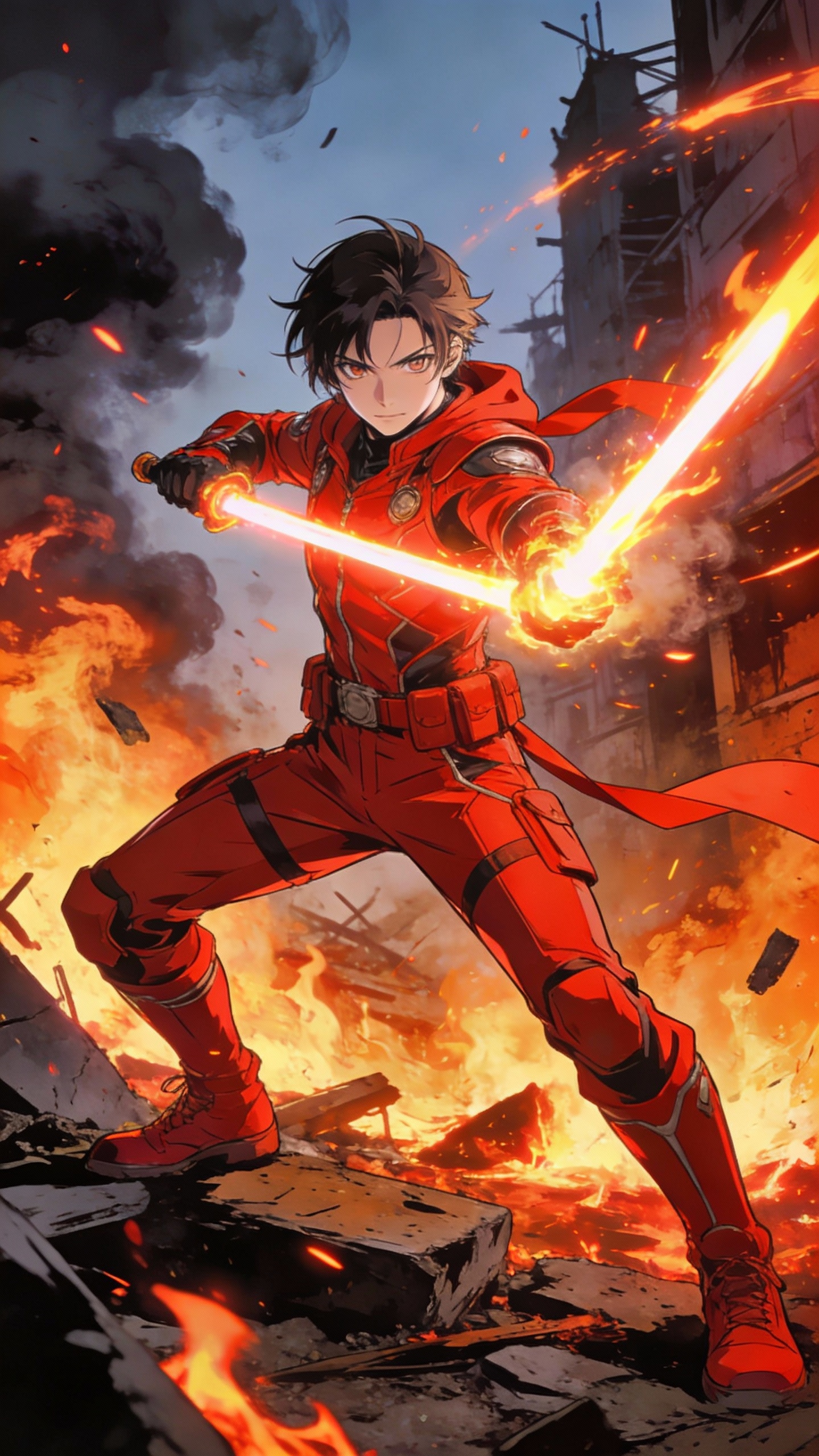 Anime Fire Sword Warrior in Burning Ruins