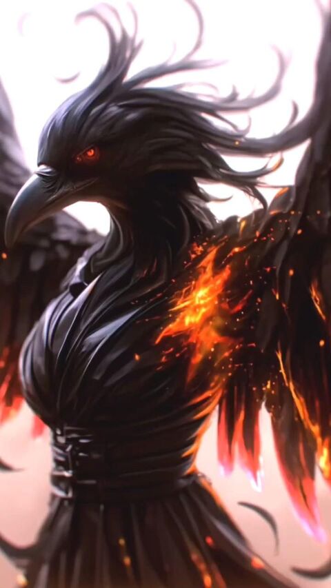 Fiery Anthropomorphic Crow Warrior