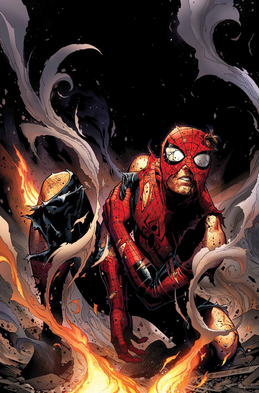 Battered Spider-Man Among Flames and Smoke