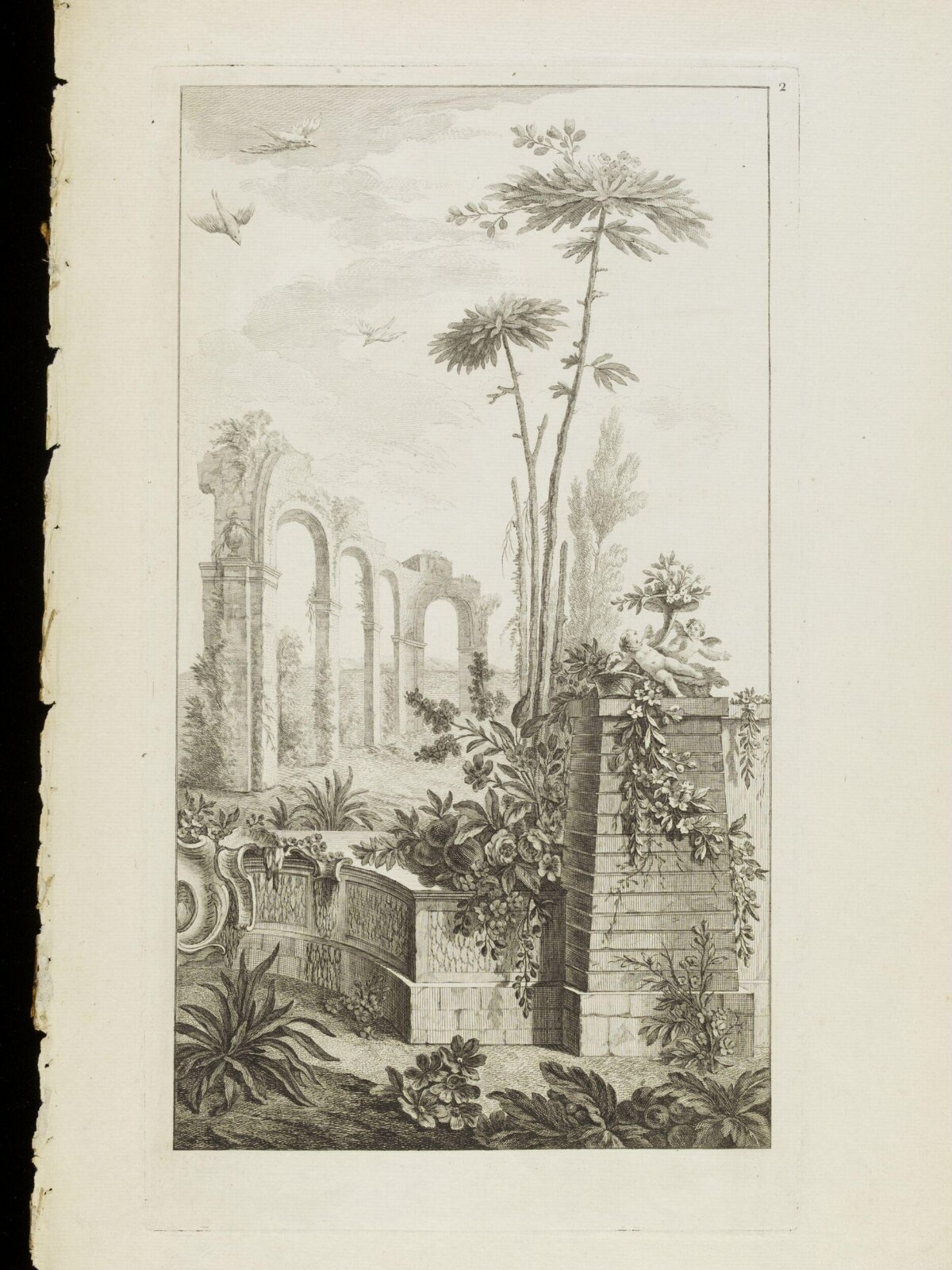 Antique Etching of Landscape Ruins