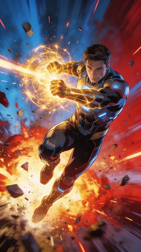 Superhero Firing Golden Energy Blast