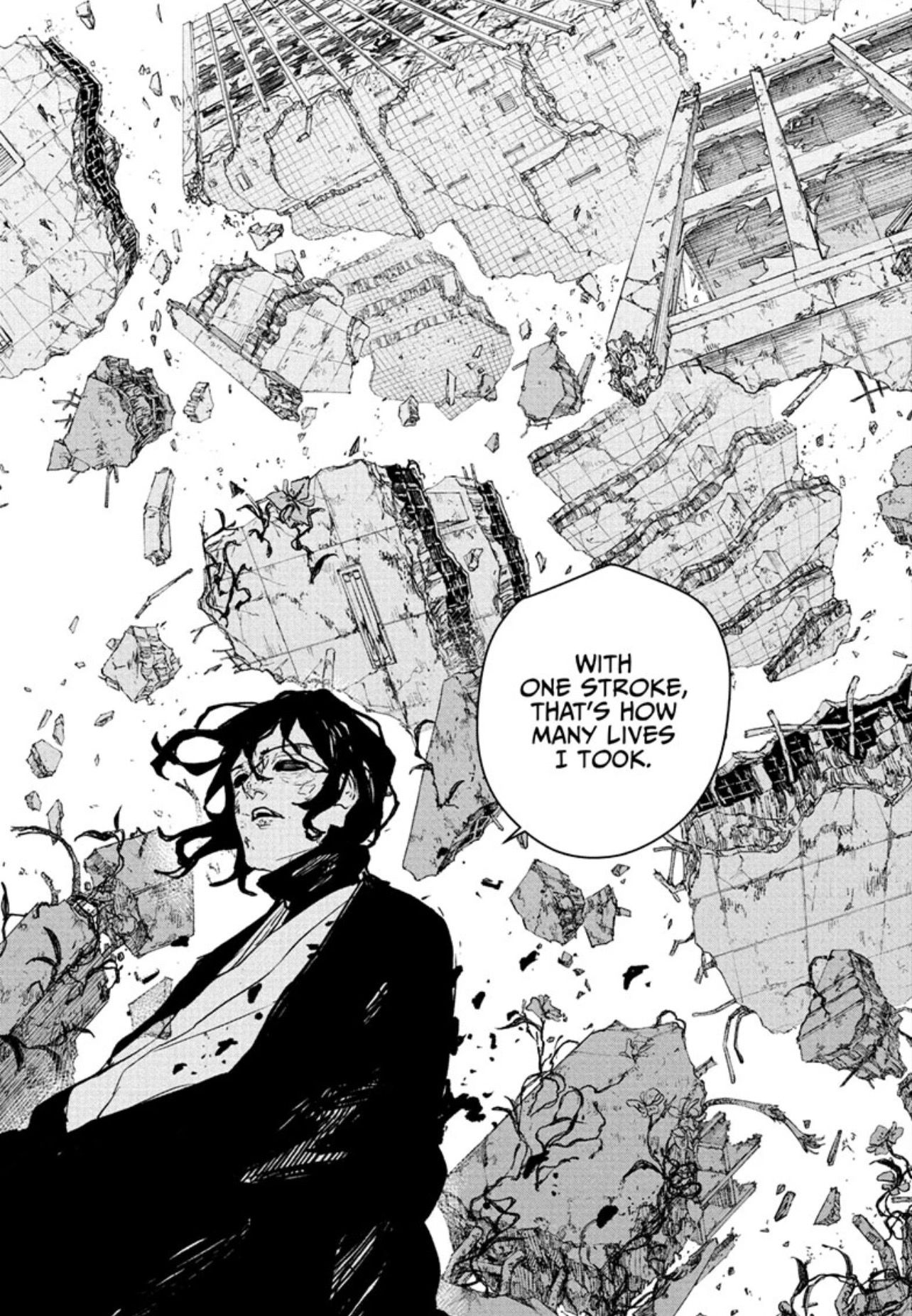 Manga Character Among Collapsed Building Ruins